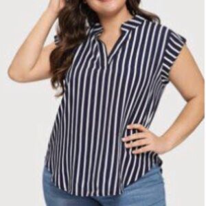 SHEIN Navy and White Vertical Stripe V-Neck Cap Sleeve Blouse